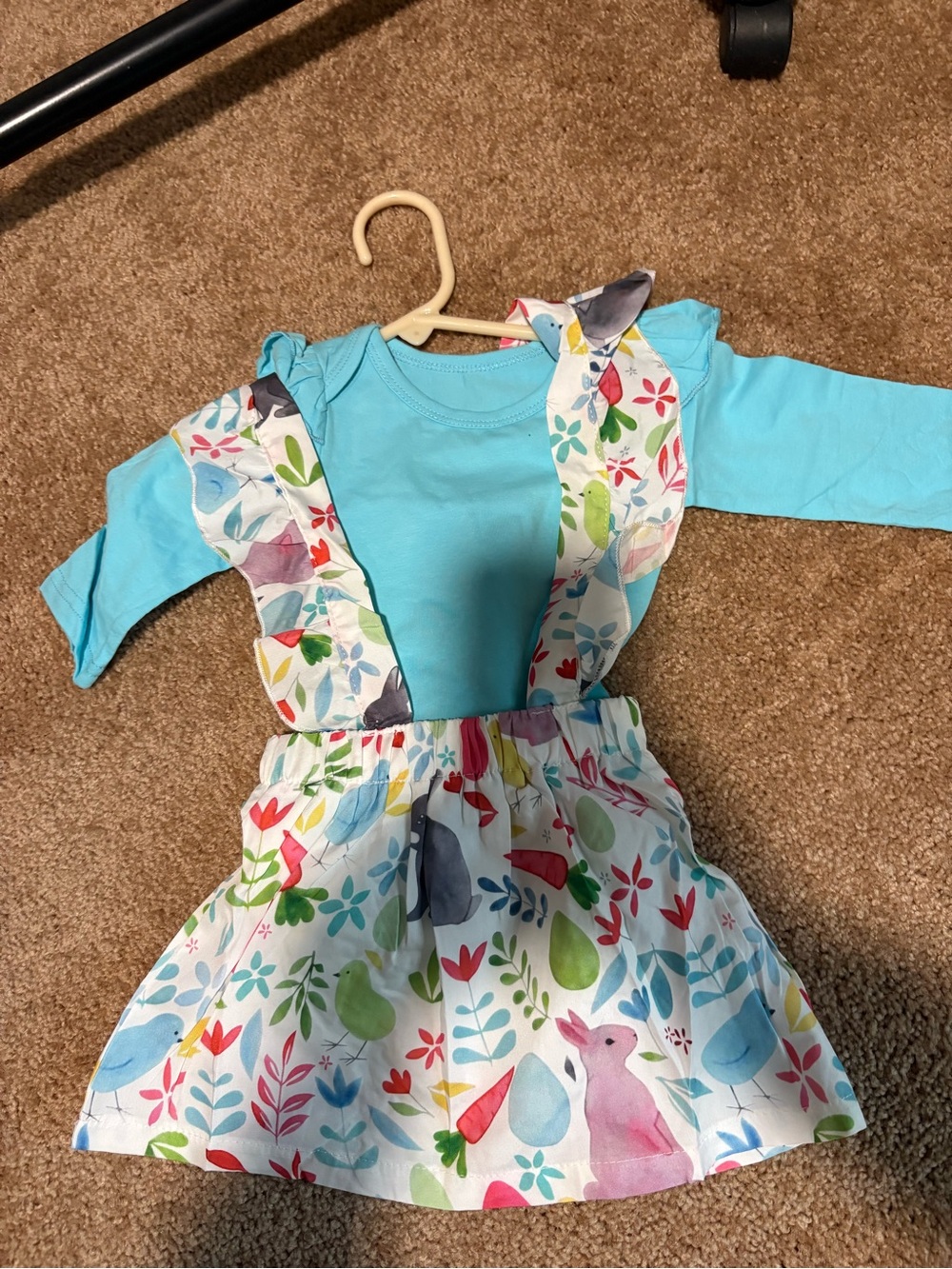 Kids Aquamarine Bunny Print Dress with Floral Pinafore